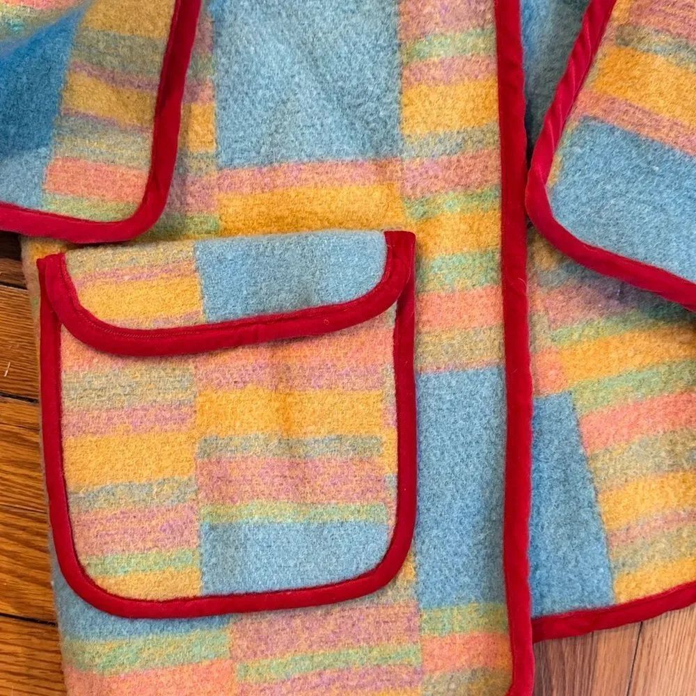 Carleen Free People One-Of-A-Kind Plaid Wool Scarf Jacket Tan, Blue & Red — image 3 of 5